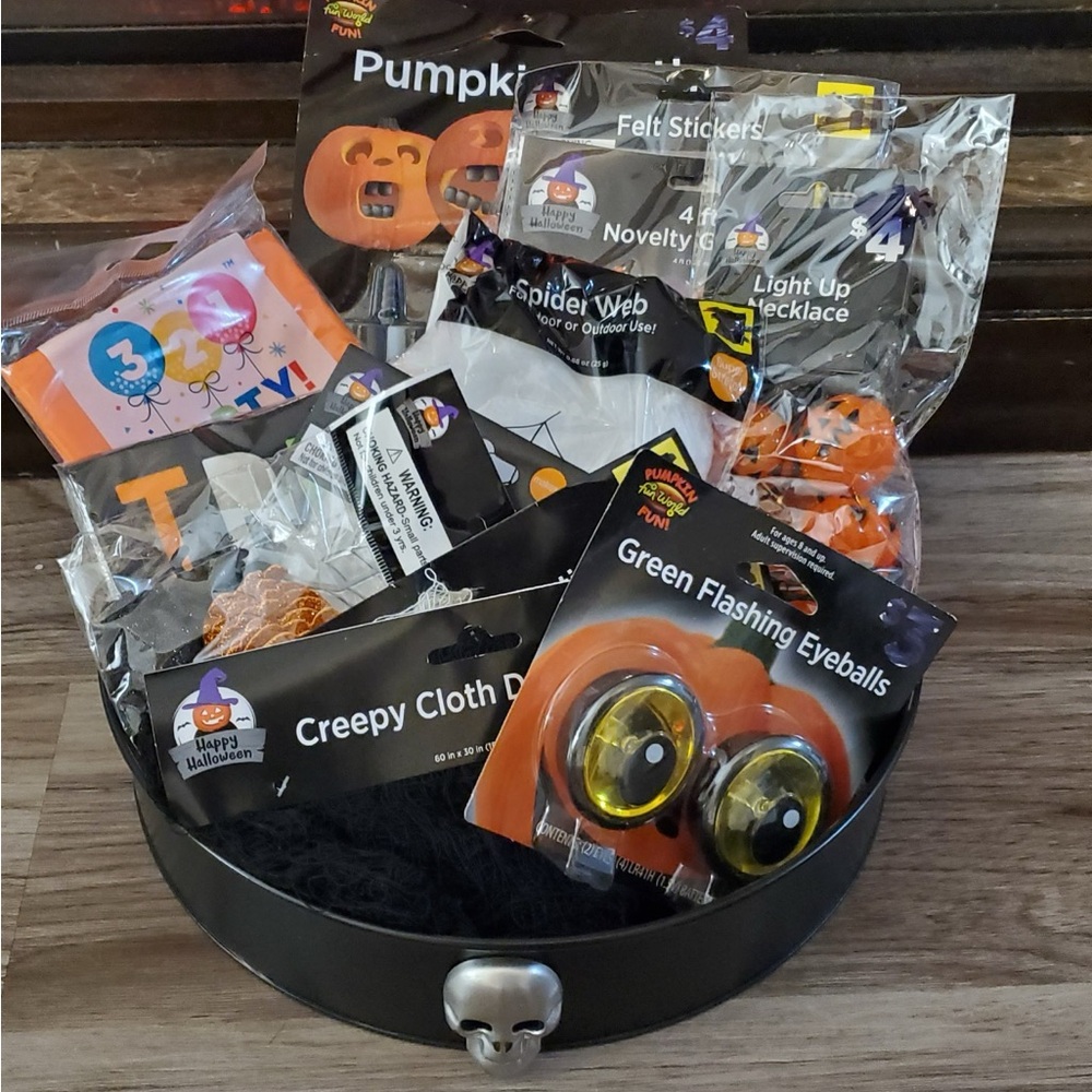 Candy Dish Filled with multiple new in package Halloween Items